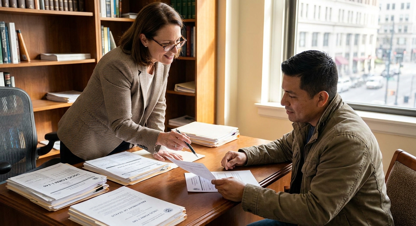 Requisitos de la visa T y quién puede solicitarla 1 Abogado explicando los requisitos de la visa T a una víctima de tráfico humano en consulta privada.