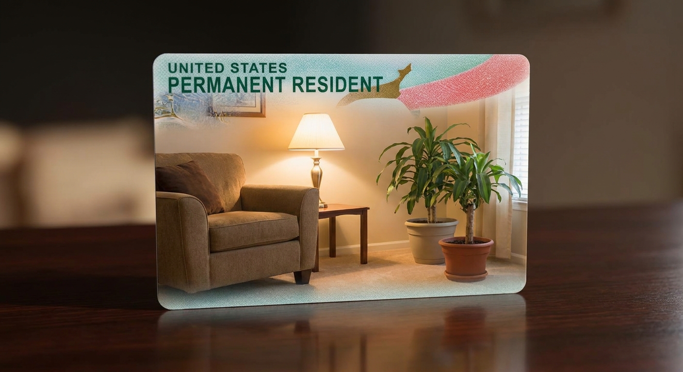 Beneficios de la visa T para víctimas de trata de personas 3 Tarjeta de residencia permanente oficial sobre una mesa, con un hogar seguro en el fondo, representando estabilidad.
