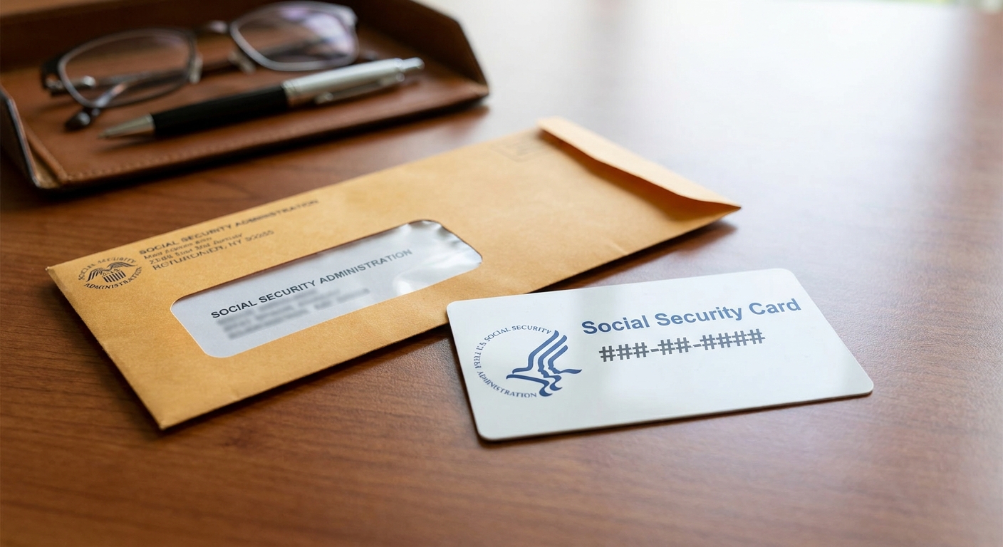 Tarjeta de Seguro Social recibida por correo sobre un escritorio.