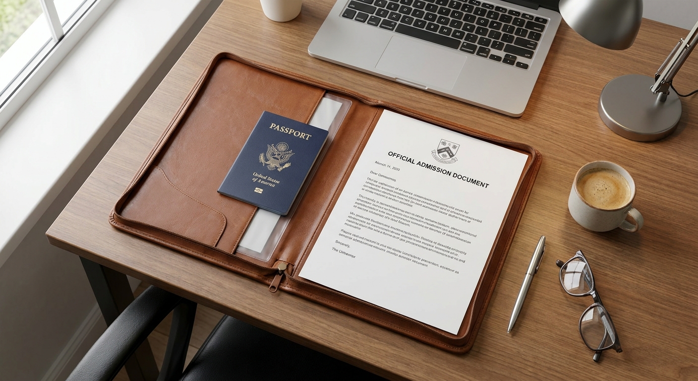 ¿Qué es el I-94 y hasta cuándo puedes quedarte legalmente? 3 Carpeta organizada con pasaporte y documentos de extensión de estatus sobre un escritorio de madera.