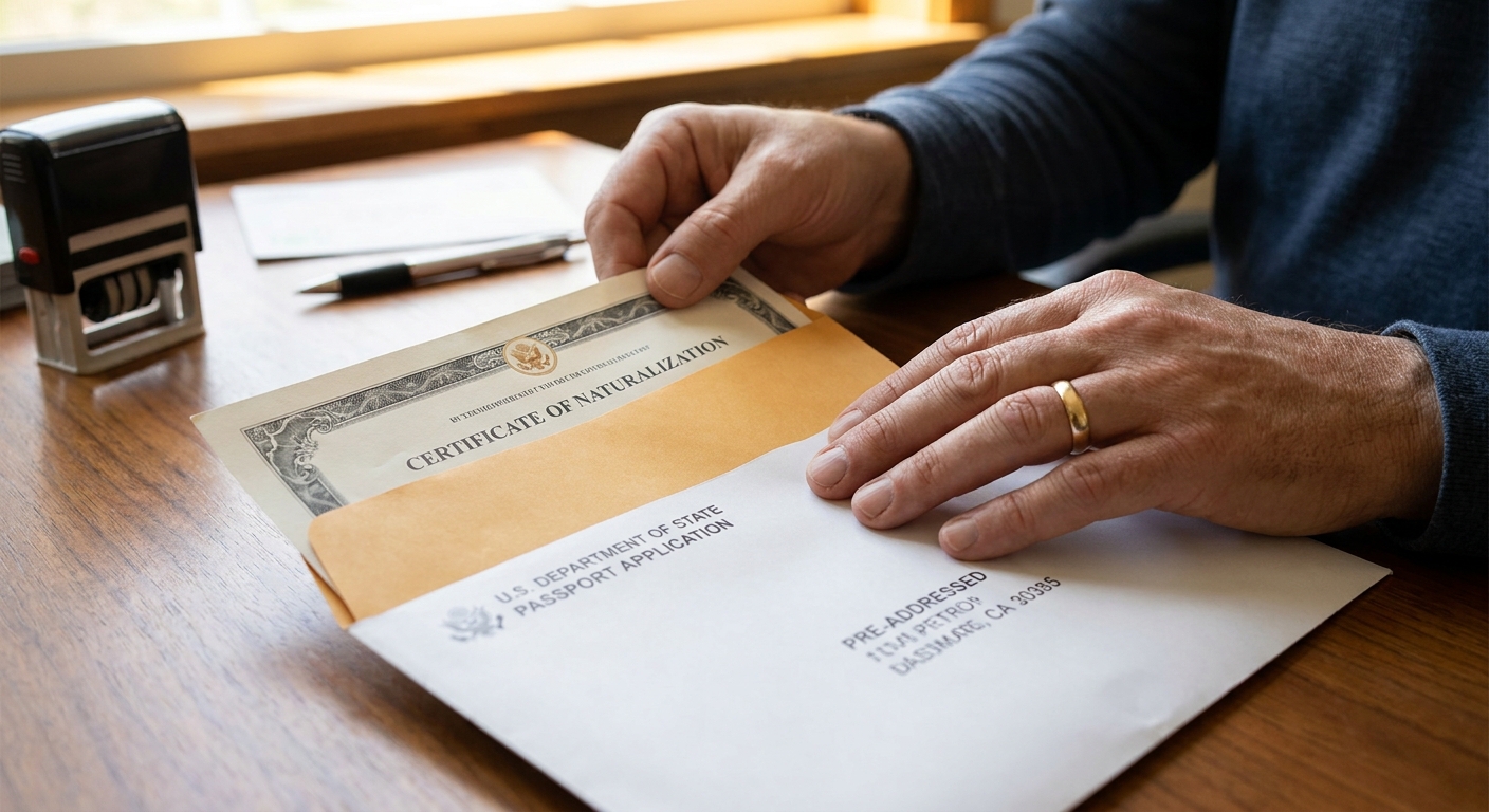 El certificado de naturalización, para qué sirve y cómo reemplazarlo 1 Ciudadano naturalizado preparando el sobre para enviar su documentación oficial al Departamento de Estado.