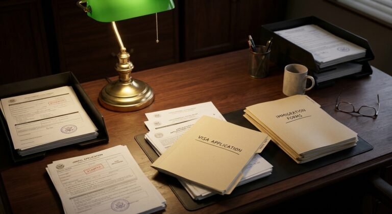 Abogado de Inmigración 41 Documentos legales organizados y formularios de solicitud para el perdon i-601a sobre un escritorio de madera.