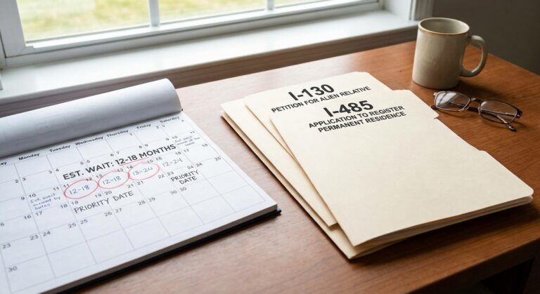 Abogado de Inmigración 40 Documentos legales y formularios para el ajuste de estatus por matrimonio con residente permanente sobre escritorio ordenado