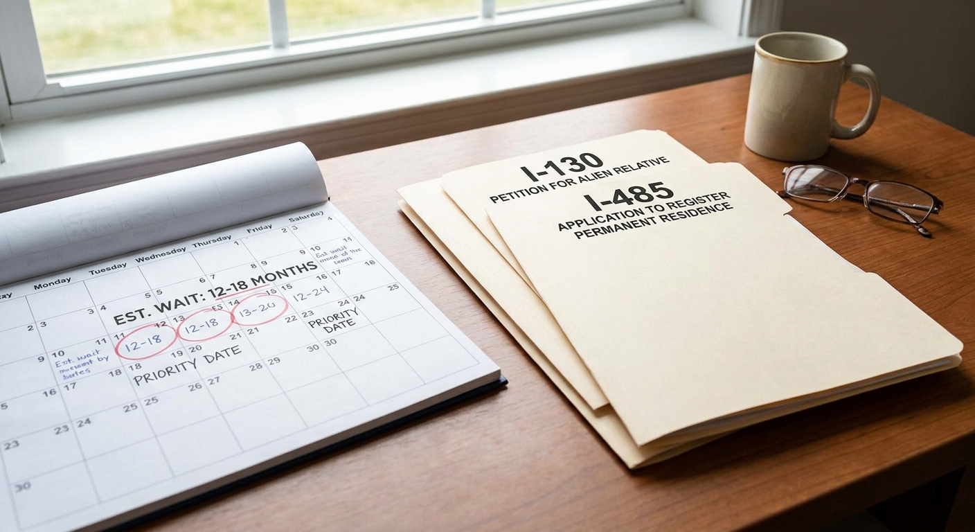 Documentos legales y formularios para el ajuste de estatus por matrimonio con residente permanente sobre escritorio ordenado