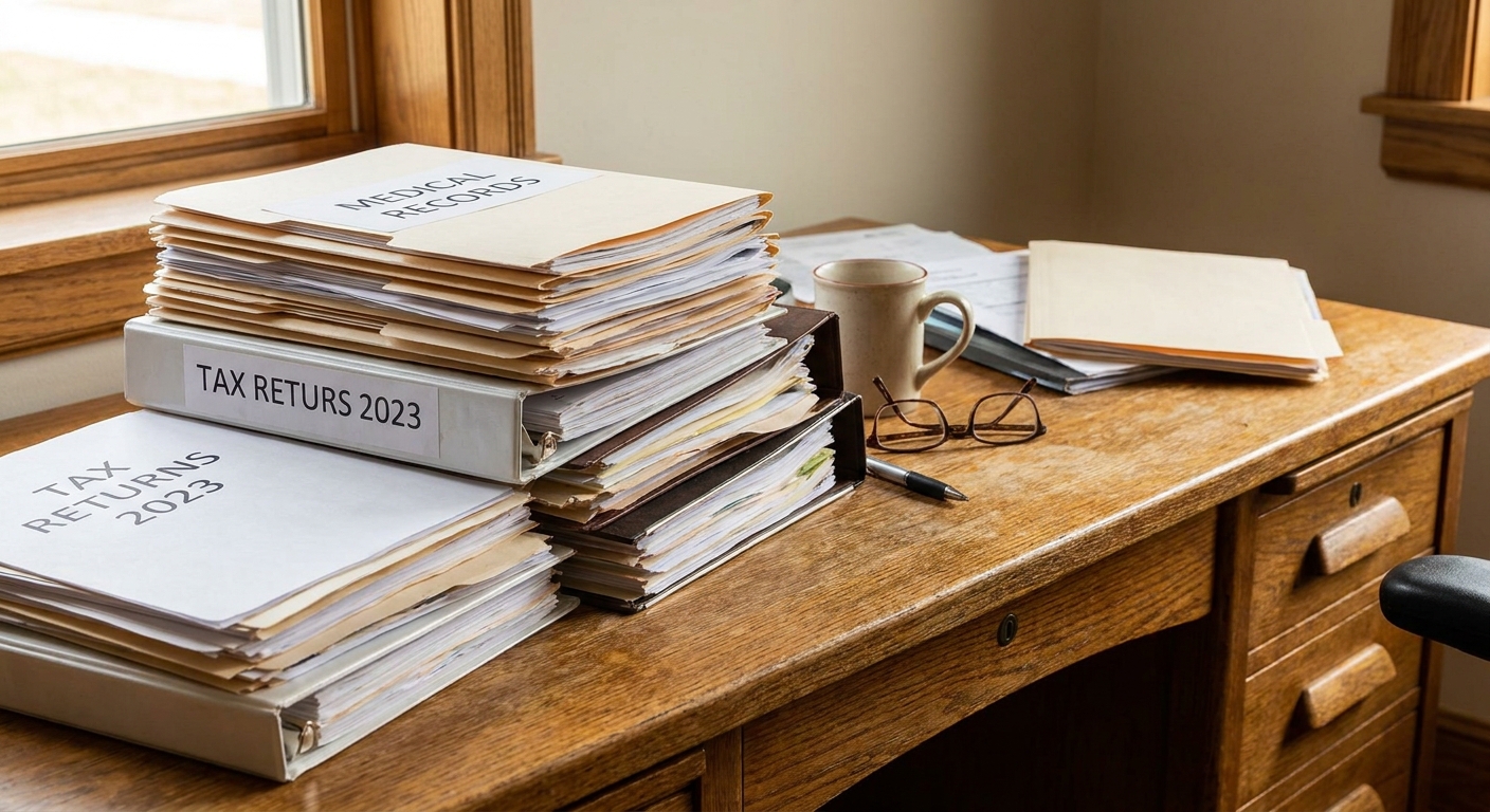 Documentos medicos y financieros organizados para una carta de sufrimiento extremo para inmigracion sobre un escritorio profesional