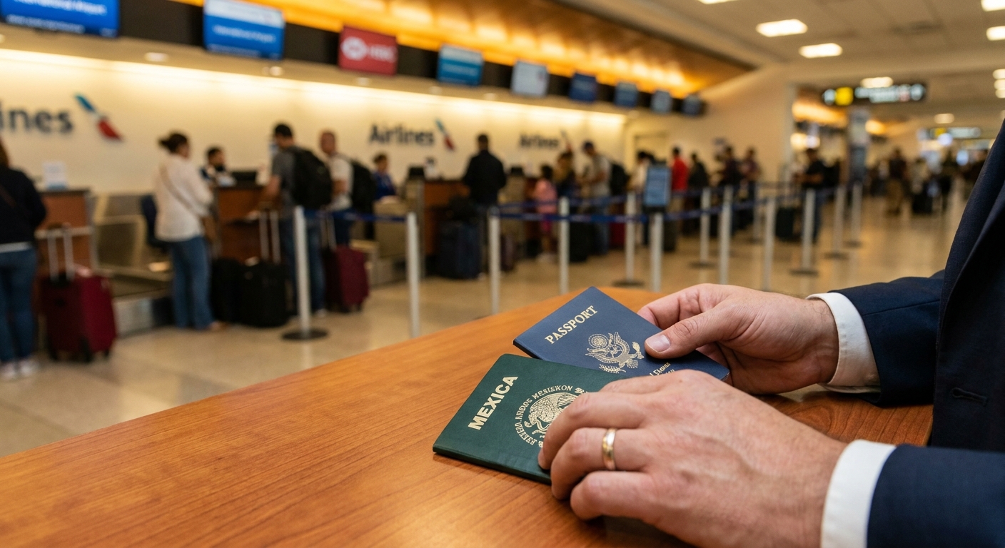 Doble nacionalidad entre México y Estados Unidos, ¿Se pierde la Mexicana? 2 Manos organizando pasaportes oficiales antes de cruzar punto de entrada migratorio internacional.