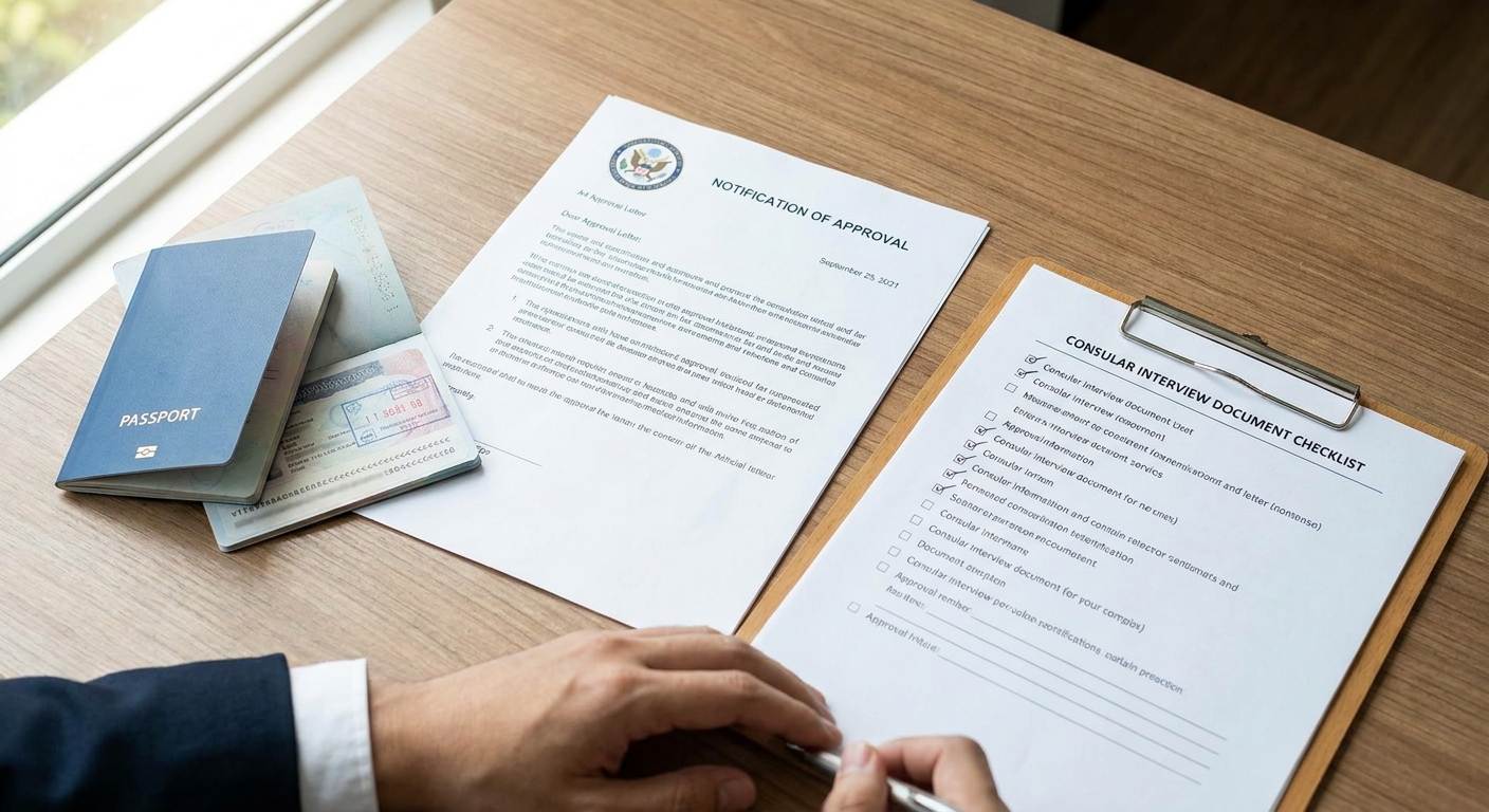 ¿Qué es el perdón I-601A y quién puede solicitarlo? 3 Notificación de aprobación oficial y guía para la cita consular en el extranjero sobre una mesa.