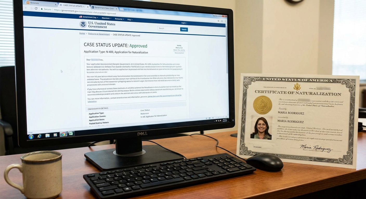 Ajuste de estatus por matrimonio con un residente permanente 3 Pantalla con actualización de caso migratorio tras proceso de naturalización de cónyuge en Estados Unidos