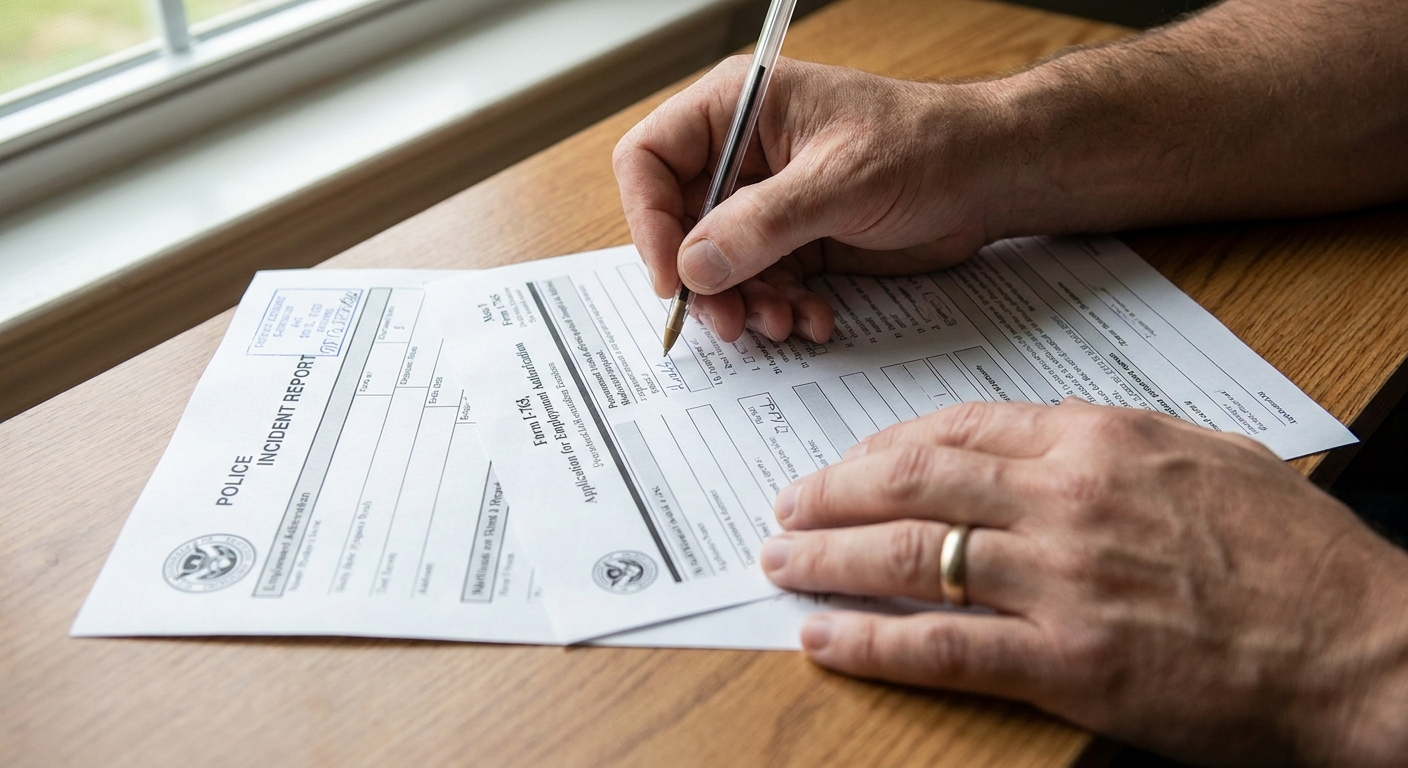 ¿Qué hacer si pierdes el permiso de trabajo o te lo roban? 2 Persona completando el formulario de solicitud de reposición por robo de documento de autorización de empleo.