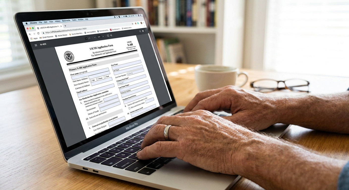 Persona completando el Formulario N-400 en línea mediante el portal oficial para ahorrar en tarifas.