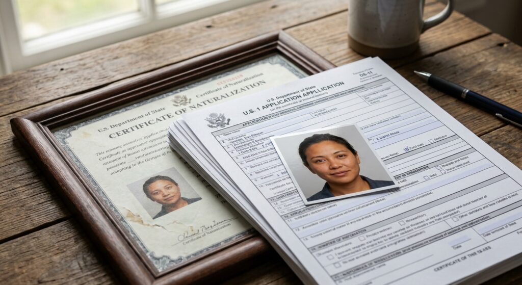 ¿Cómo sacar el pasaporte americano por primera vez tras hacerte ciudadano? 1 Persona organizando documentos para solicitar el pasaporte americano por primera vez sobre un escritorio de madera