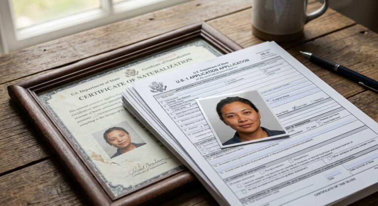 Abogado de Inmigración 40 Persona organizando documentos para solicitar el pasaporte americano por primera vez sobre un escritorio de madera