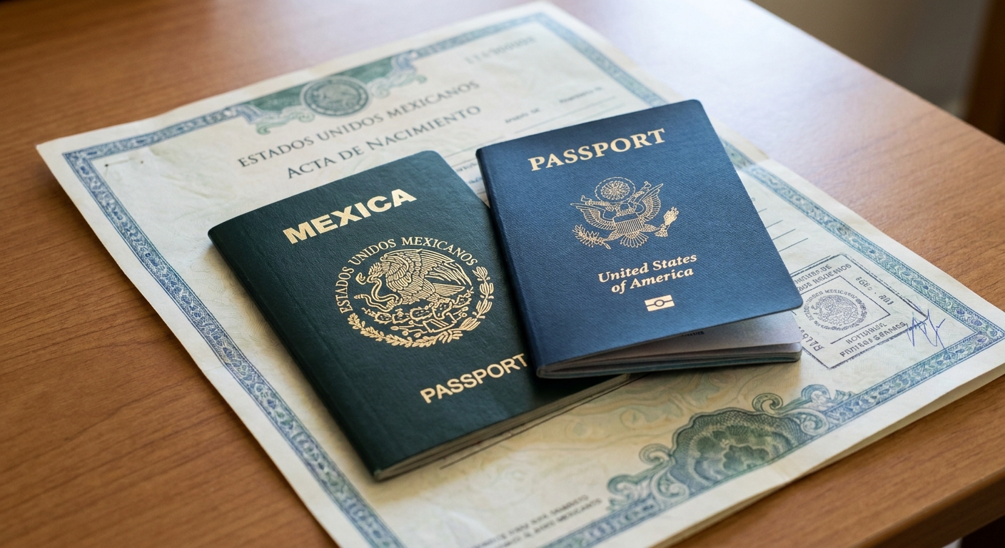 Persona sosteniendo pasaportes de Mexico y Estados Unidos sobre documentos que avalan la doble nacionalidad mexico estados unidos.