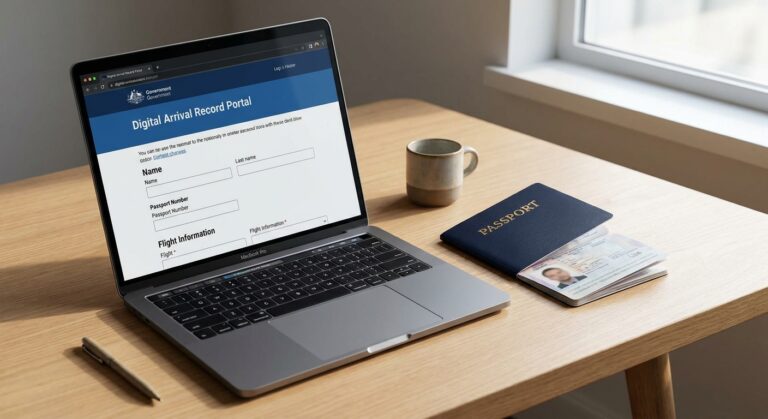 Abogado de Inmigración 44 Una pantalla de computadora mostrando un registro digital para explicar que es el i-94 junto a un pasaporte.