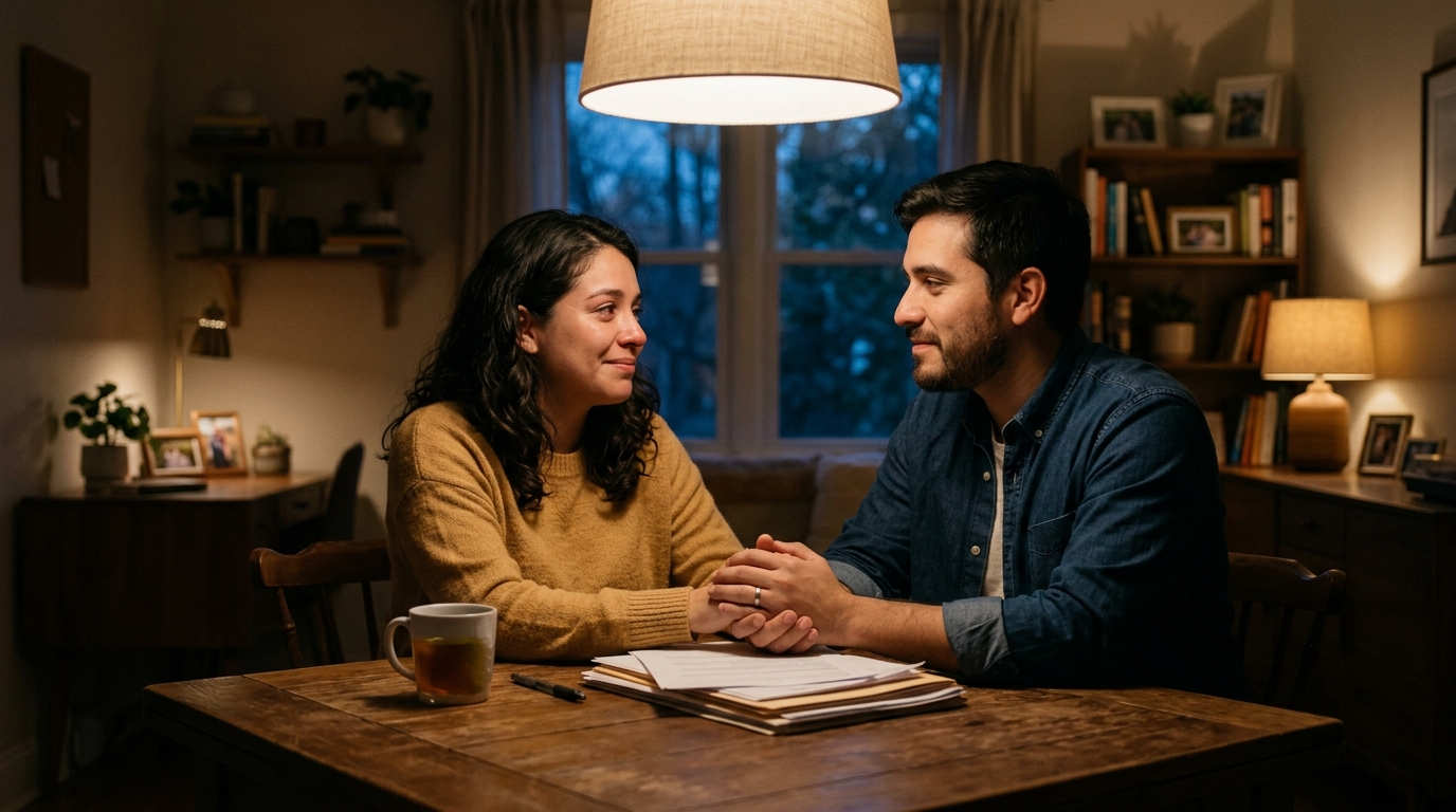 DOL publica resultados de la lotería de visas H-2B 1 Una pareja sentada a la mesa de su hogar compartiendo un momento de esperanza.