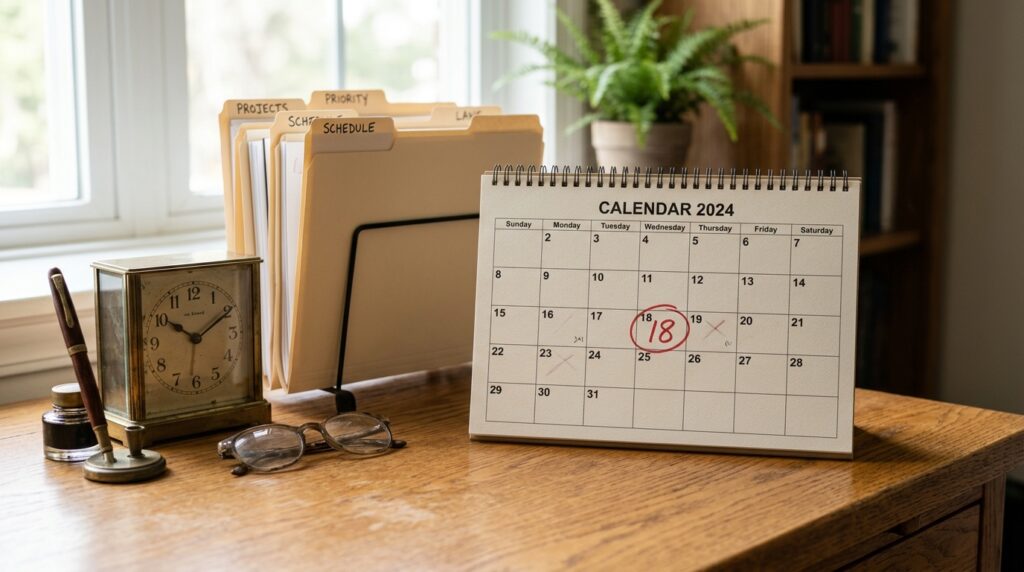 El Departamento de Estado publica el Boletín de Visas 37 Un calendario de escritorio y carpetas que representan el monitoreo de fechas del Boletin de Visas.