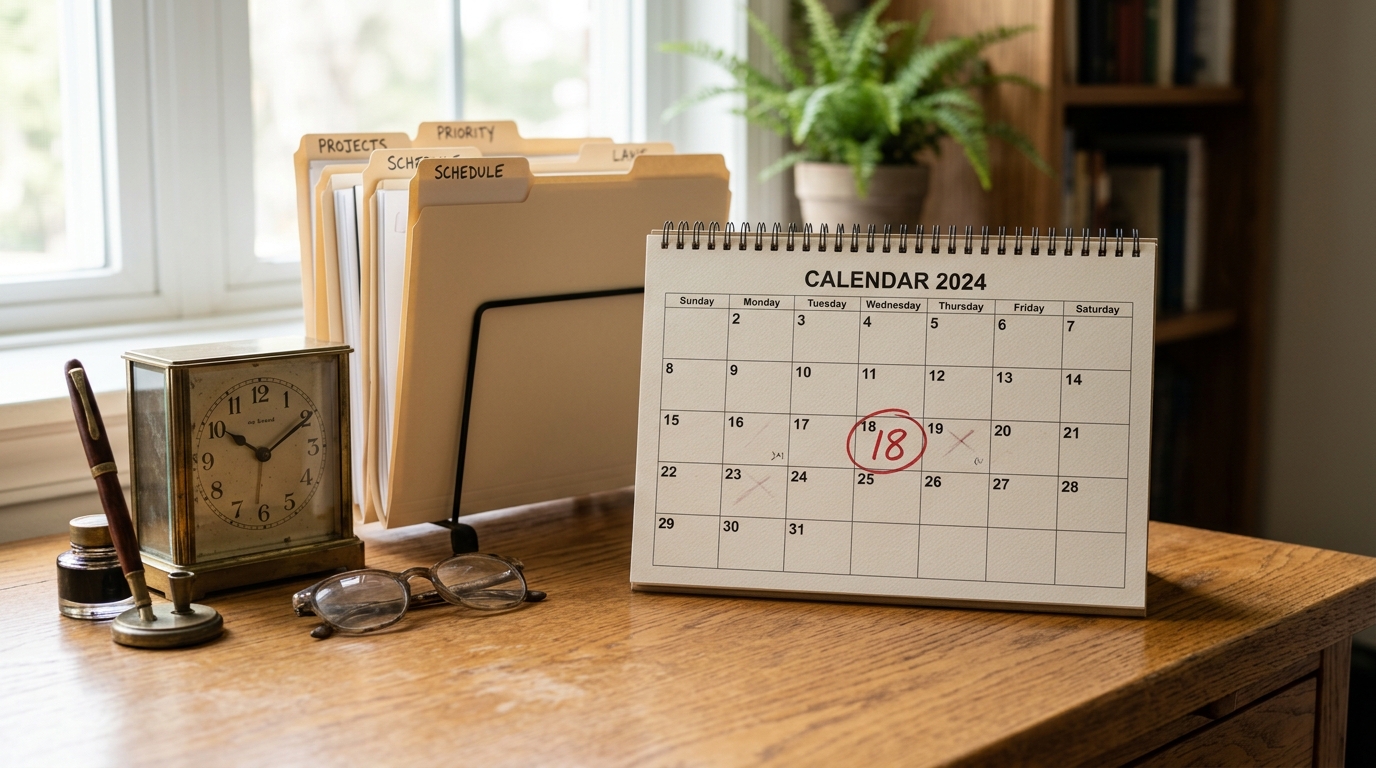 Un calendario de escritorio y carpetas que representan el monitoreo de fechas del Boletin de Visas.