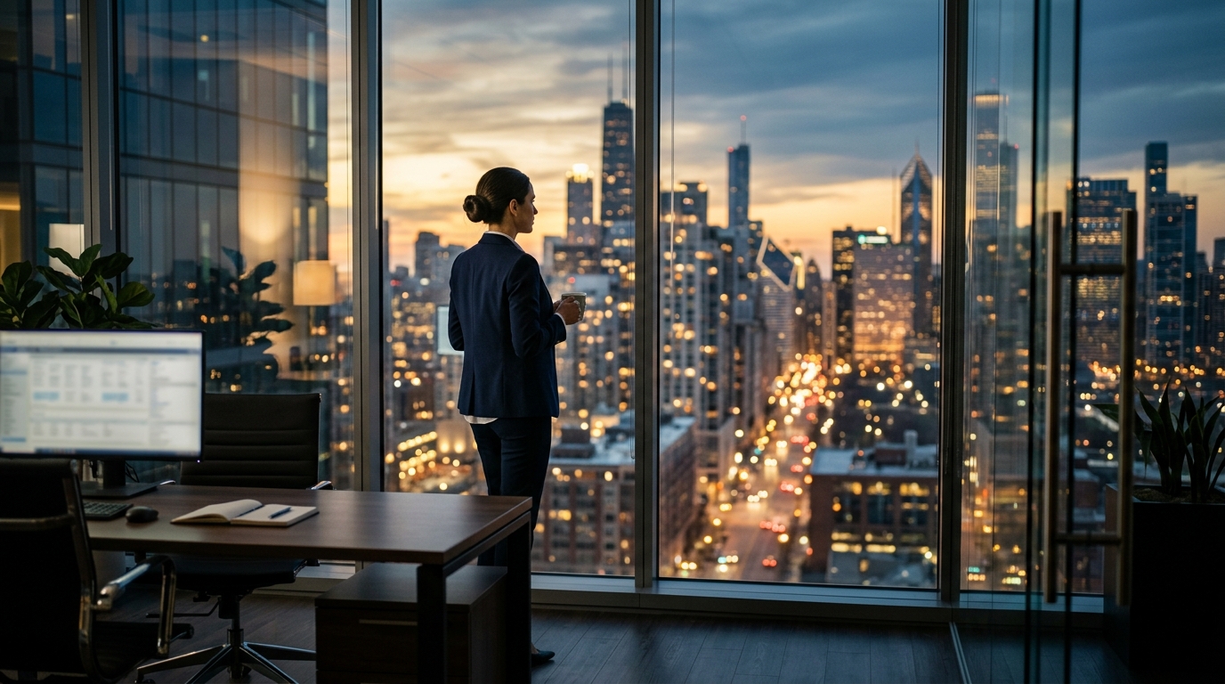 El Departamento de Estado publica el Boletín de Visas 3 Un profesional contempla el panorama urbano desde la ventana de su oficina moderna.