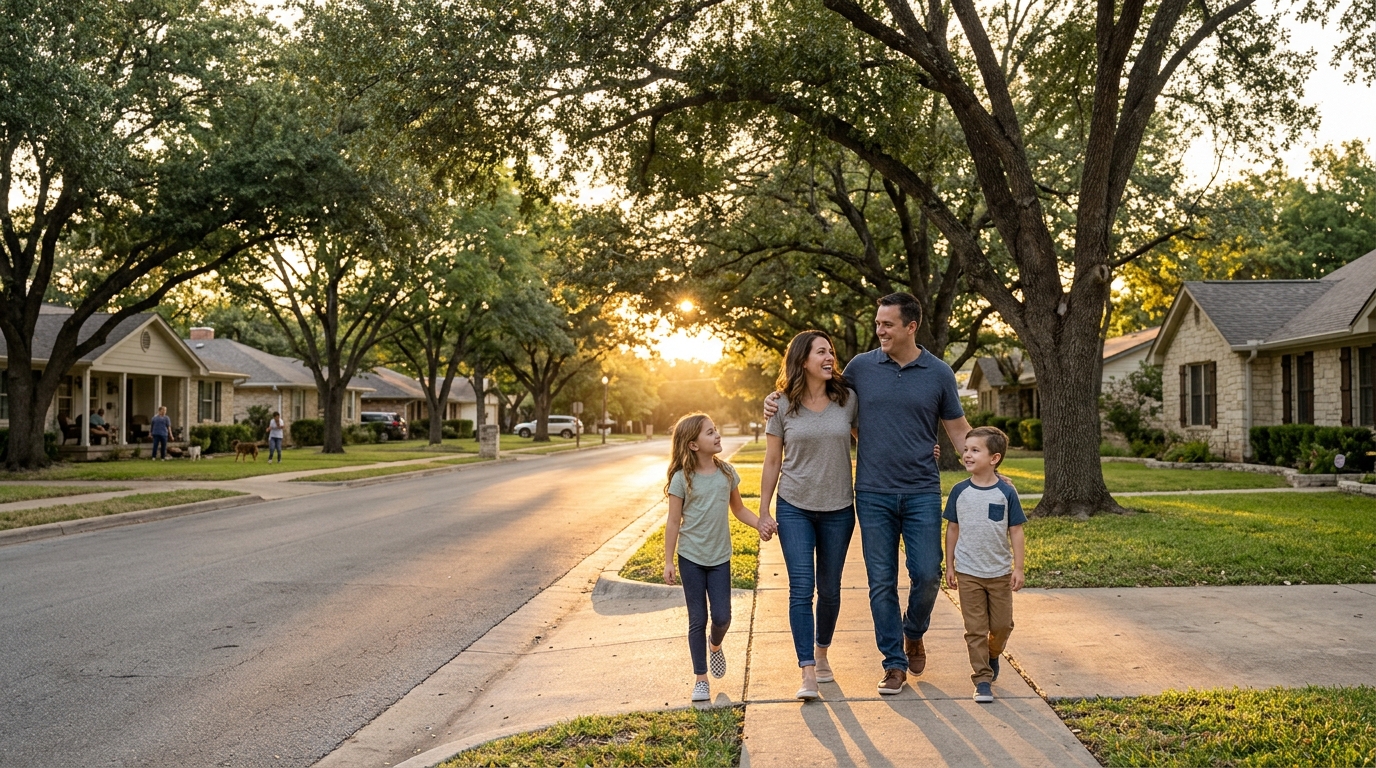 USCIS actualiza guías de empleo por terminación de TPS 3 Familia caminando unida en un parque residencial durante el atardecer dorado.