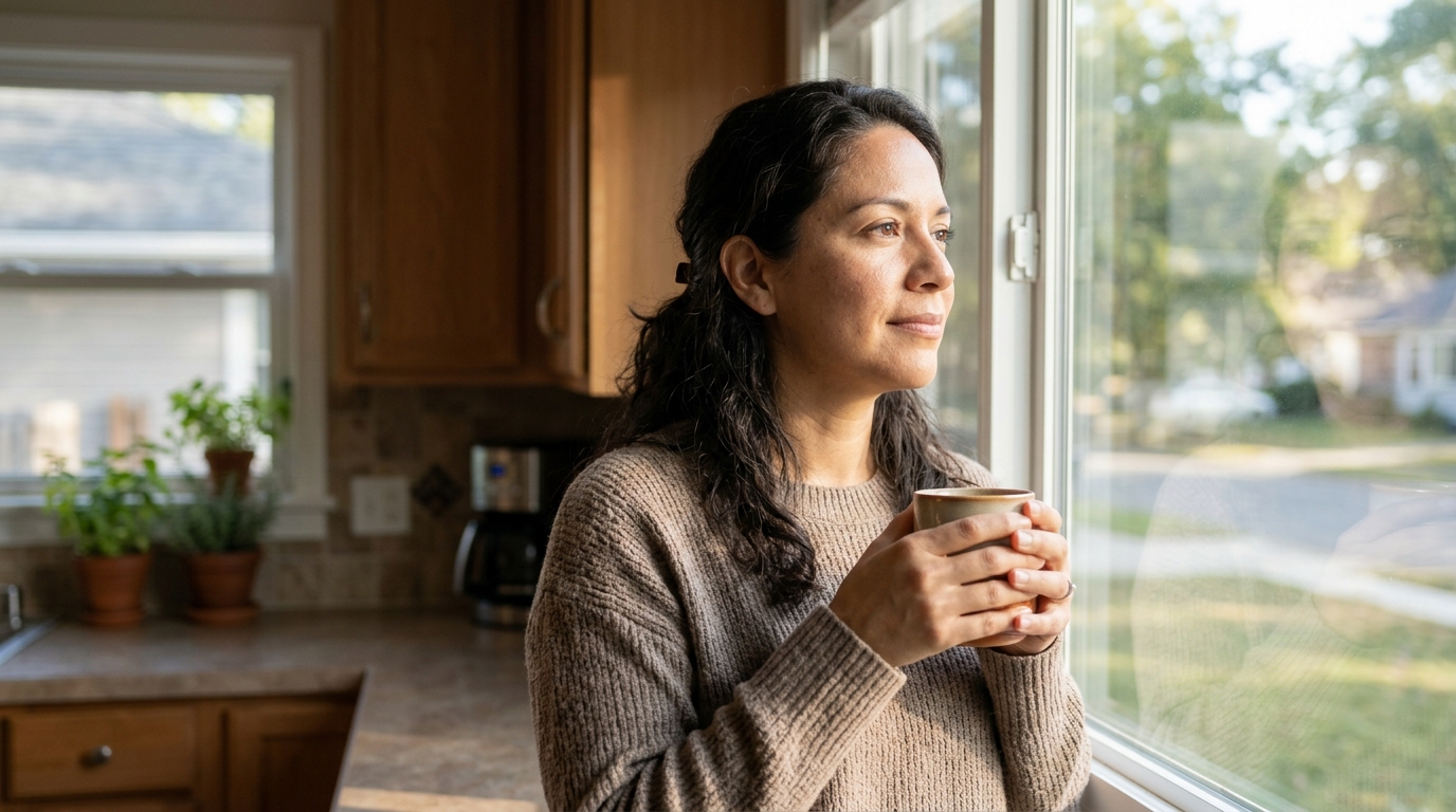 Una mujer mira aliviada por la ventana de su cocina con luz de manana.
