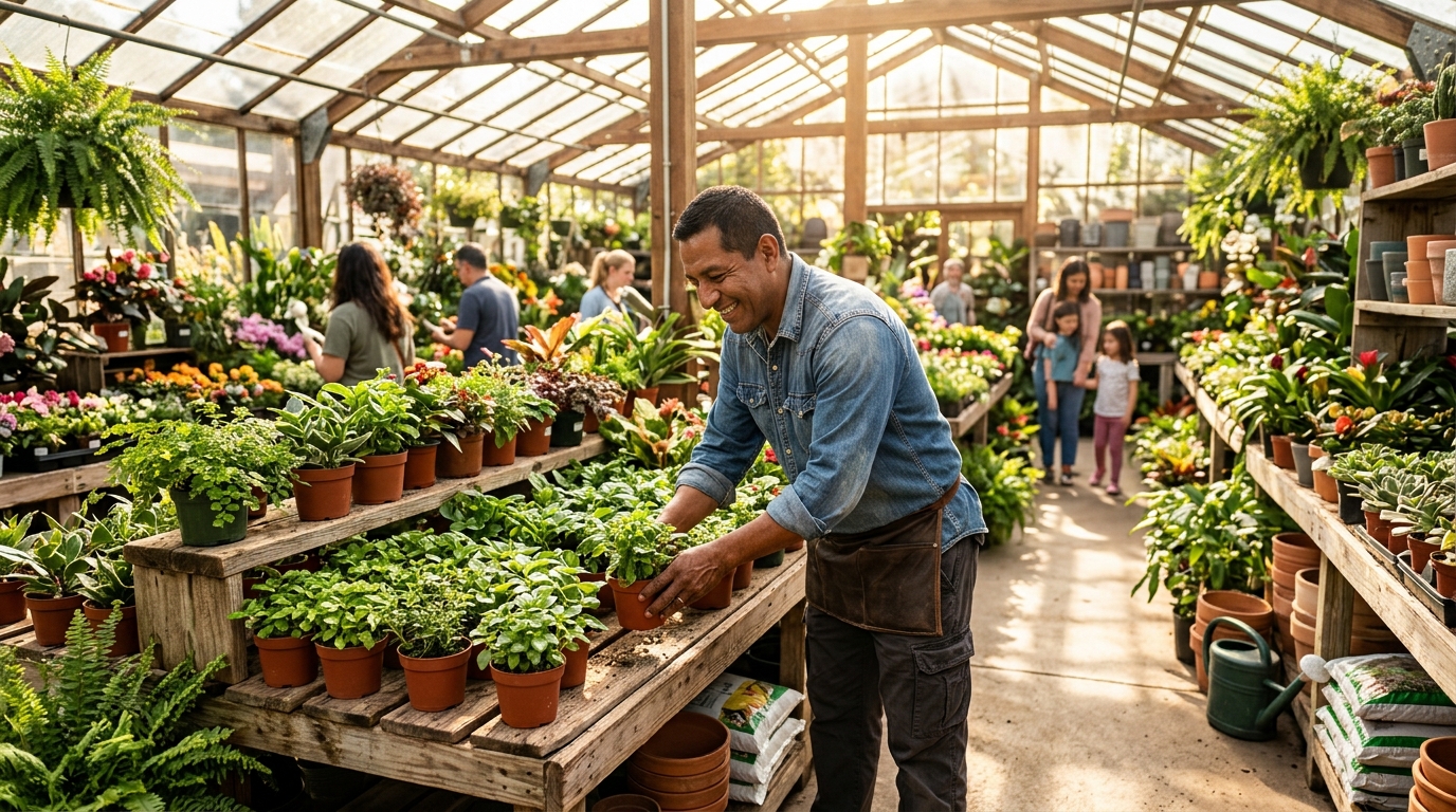 Un hombre trabaja feliz y seguro en un vivero familiar lleno de plantas.