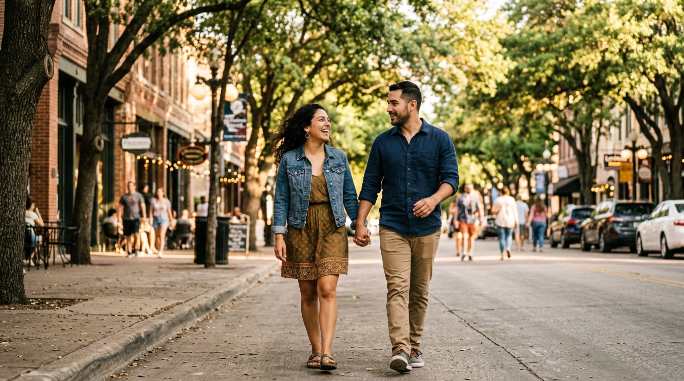 USCIS exigirá presentación electrónica de trámites 1 Pareja joven caminando de la mano por una calle soleada de Texas con optimismo.