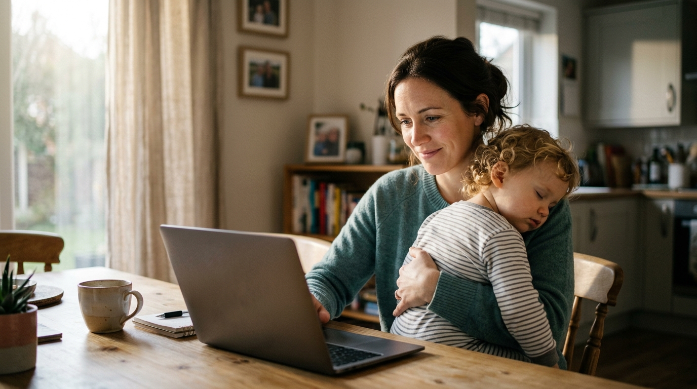 USCIS exigirá presentación electrónica de trámites 3 Madre con su hijo en casa mirando una computadora portatil con alivio y tranquilidad.