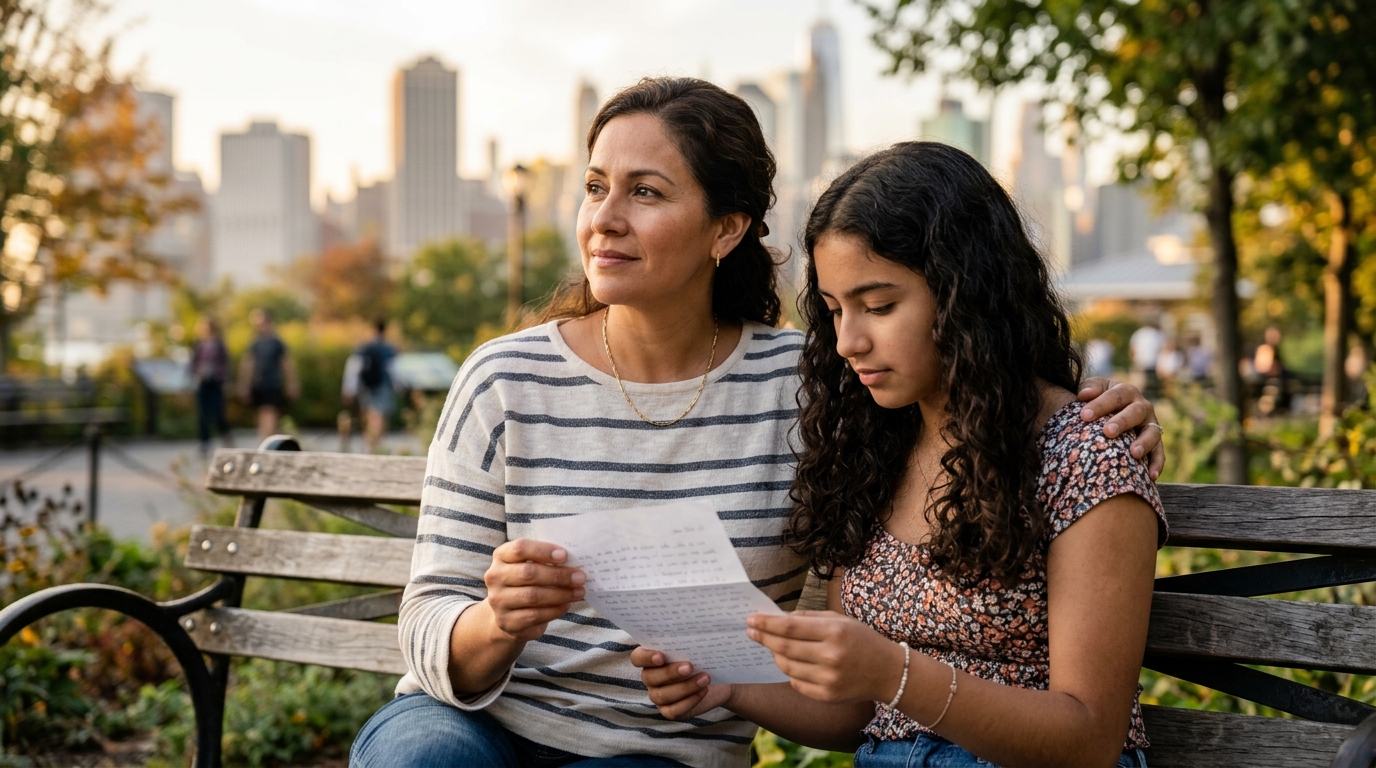 USCIS abre nueva oficina de asilo en Atlanta 1 Madre e hija sentadas en un parque de Georgia mirando un documento con alivio