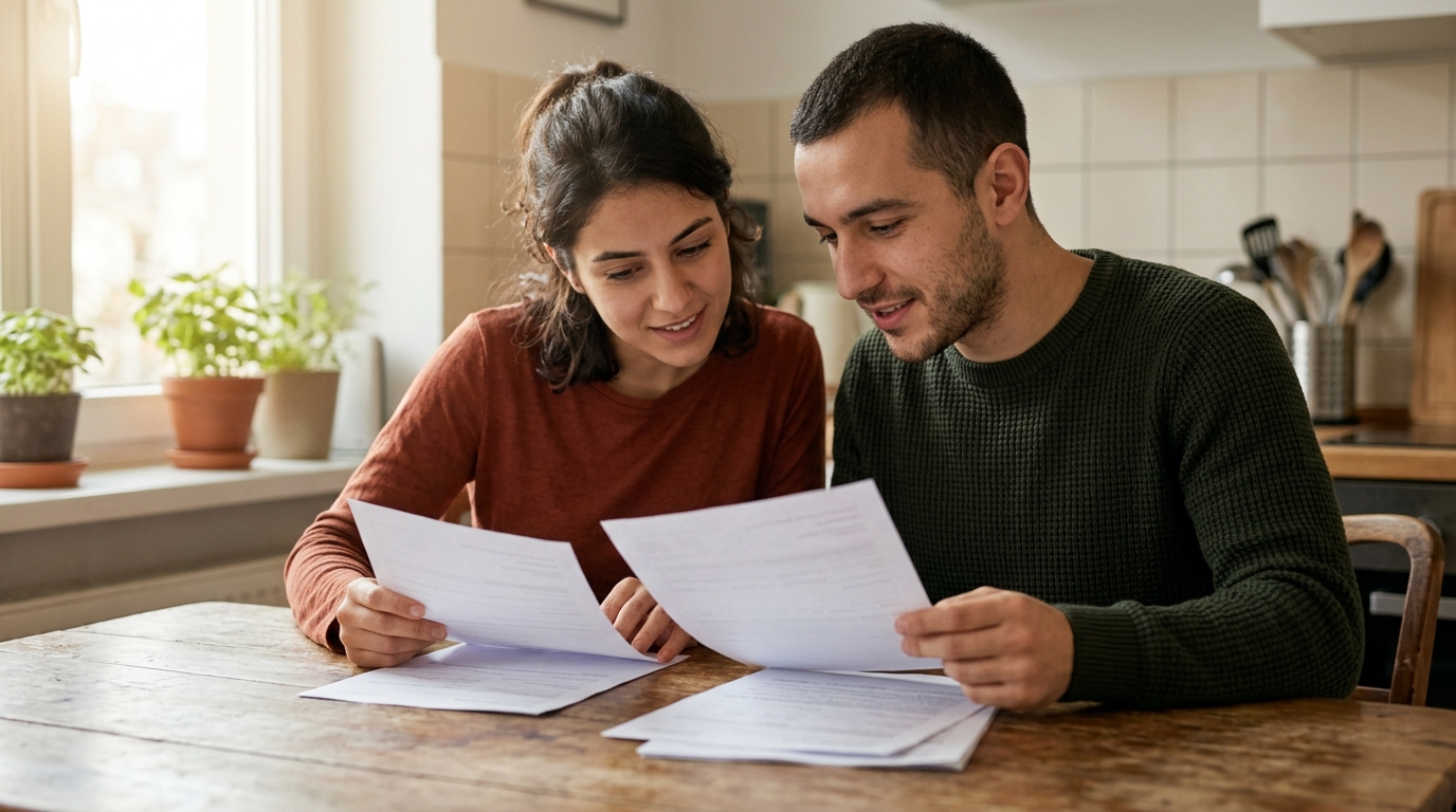 USCIS extiende provisionalmente los permisos de trabajo de TPS 1 Una pareja de inmigrantes sentada en la mesa de su cocina revisando documentos familiares.
