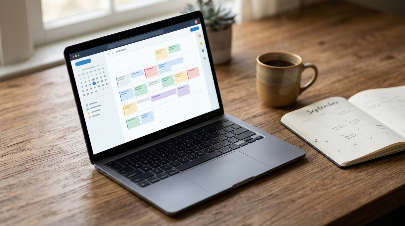 Laptop abierto en una mesa de madera mostrando un calendario para citas aceleradas para visa