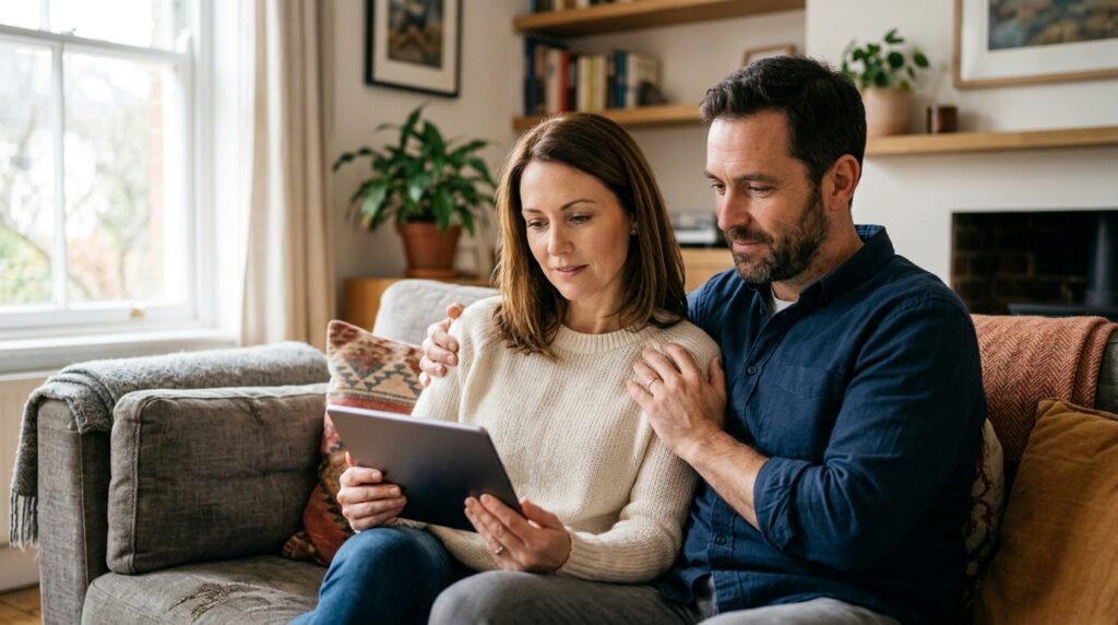 ¿Puedo trabajar y viajar mientras espero mi ajuste de estatus? 3 Pareja sentada en el sofa mirando con esperanza una tableta digital en casa