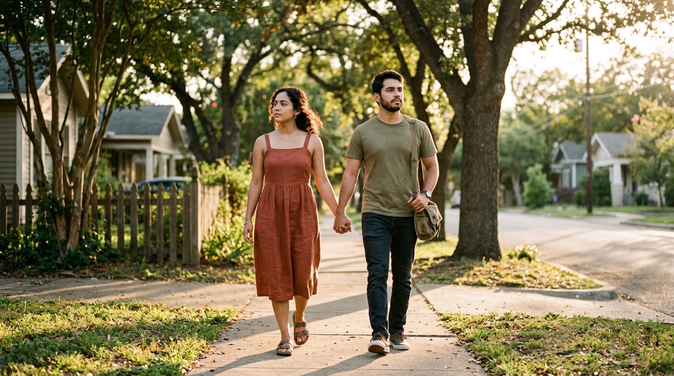 BIA elimina protección de viaje con Advance Parole 1 Pareja joven caminando de la mano por una calle de Texas al atardecer