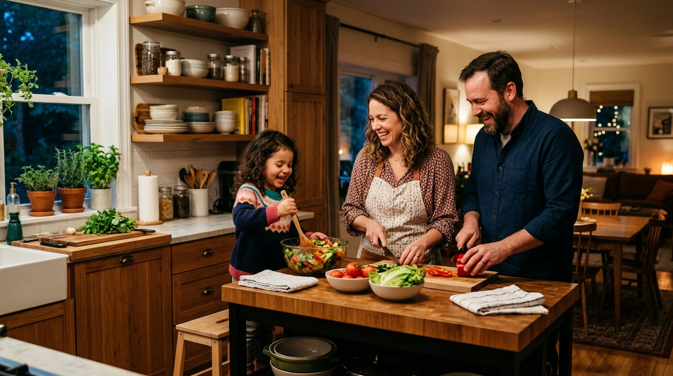 Jueza federal anula veto de visas para 75 países 3 Familia alegre preparando comida en la cocina de un hogar calido y luminoso.