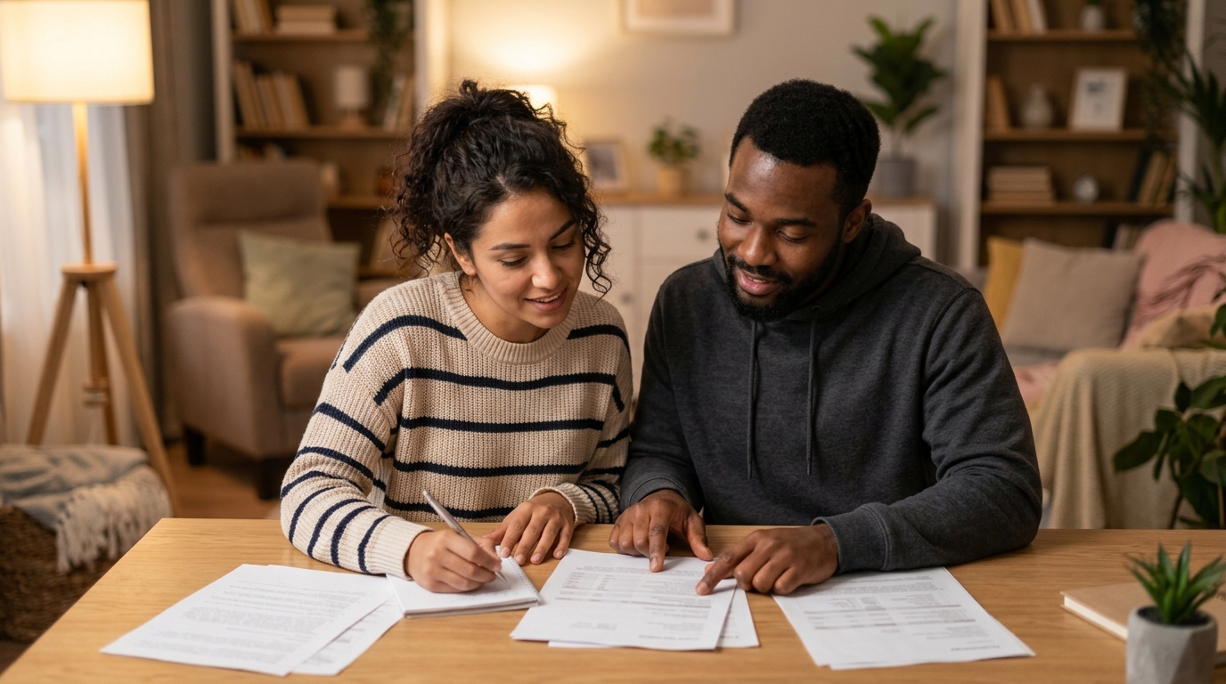 USCIS actualiza pautas sobre representación legal en su manual 1 Pareja concentrada revisando documentos familiares en la mesa de su hogar con esperanza