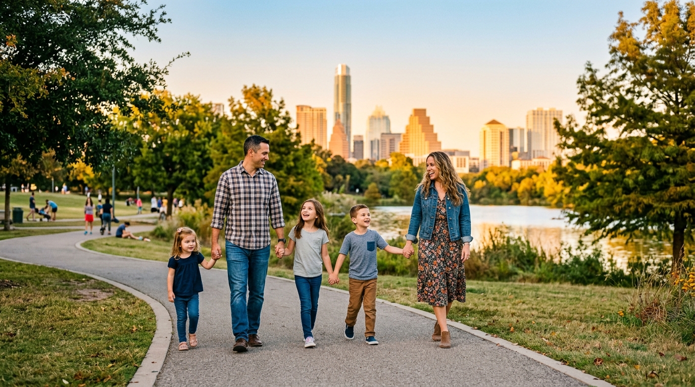 USCIS actualiza pautas sobre representación legal en su manual 3 Familia feliz caminando de la mano en un parque urbano soleado