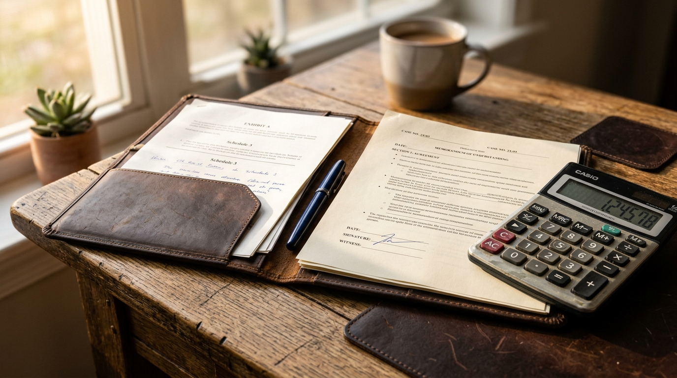 Documentos de nomina y una calculadora sobre una mesa analizando las tasas de salarios H-2A