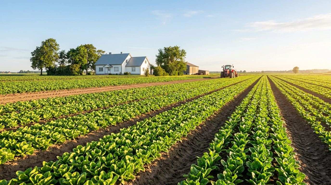 El Departamento de Trabajo ajusta las tasas de salarios H-2A 3 Vista amplia de un campo de cultivo verde que representa la estabilidad laboral agricola