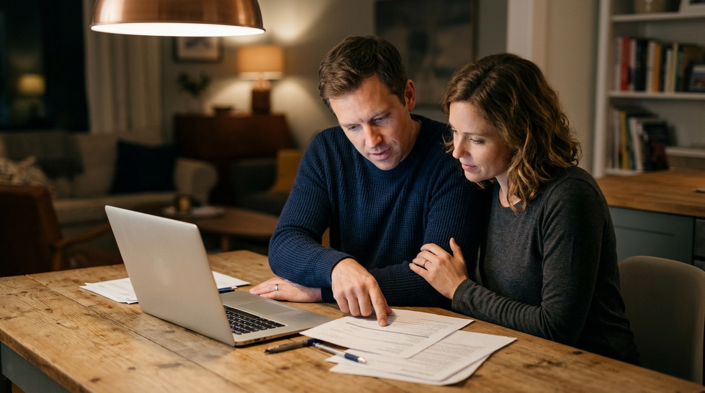Pareja concentrada revisando documentos importantes en la mesa de su hogar por la noche.