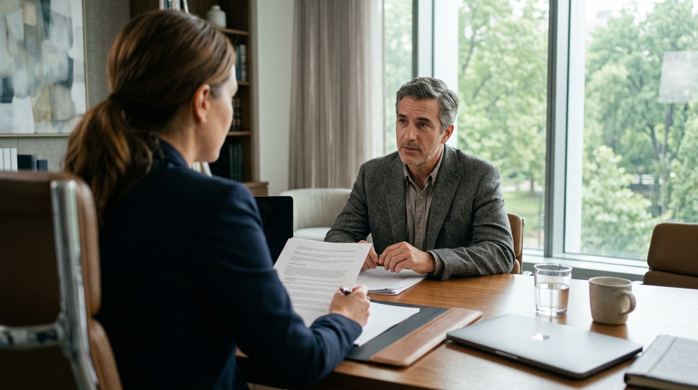 Consulta profesional de asesoria legal sobre documentacion en una oficina moderna y luminosa.