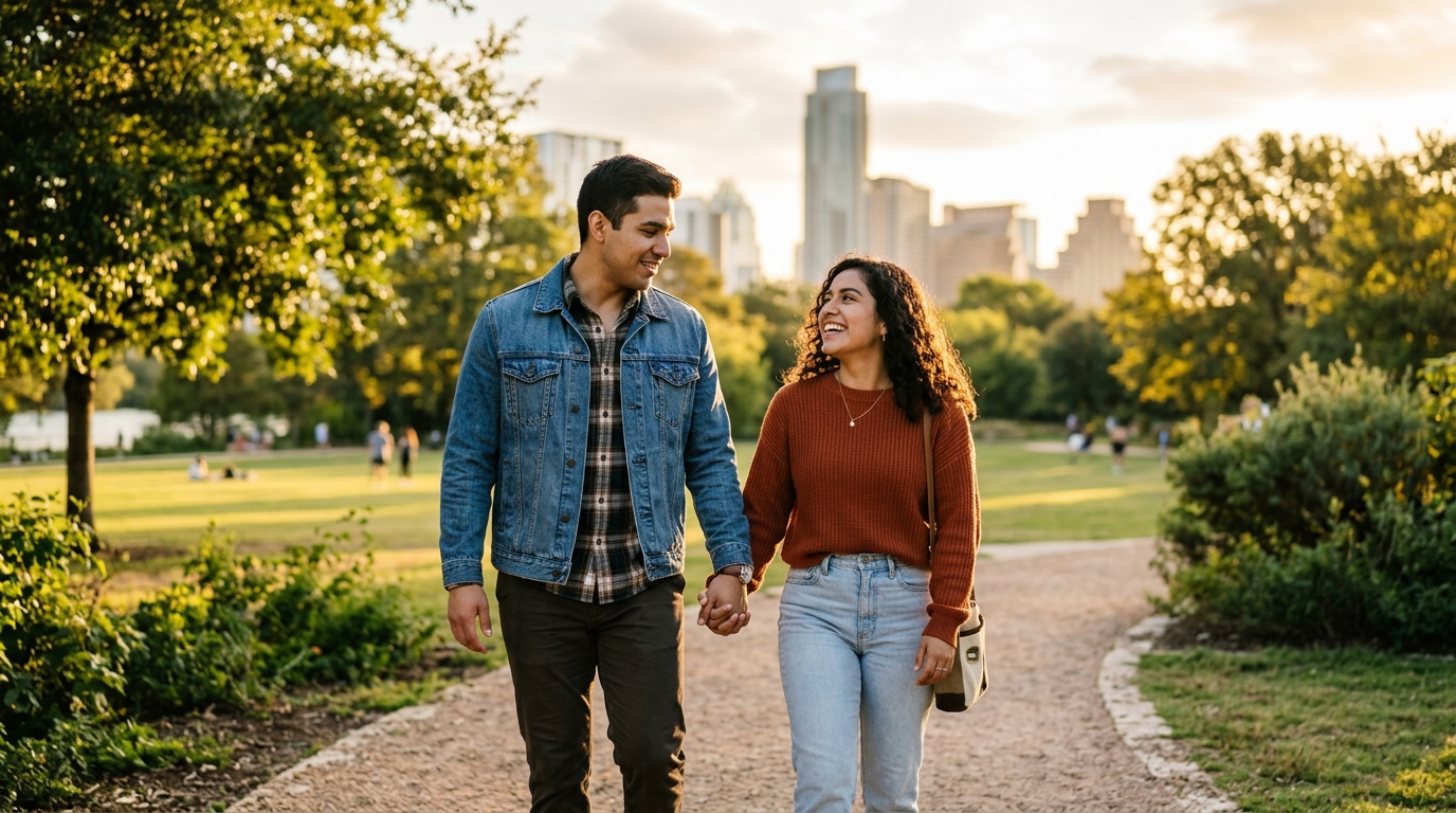 USCIS recupera facultad de rechazar solicitudes incompletas 1 Pareja caminando en un parque de Texas con expresion de esperanza y tranquilidad.