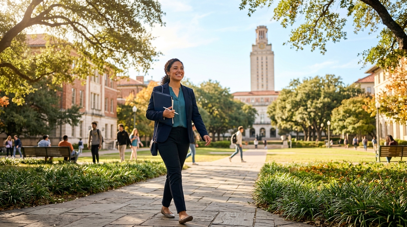 USCIS actualizará formularios sin periodo de gracia 3 Joven profesional caminando feliz por un campus universitario bajo el sol de la manana.