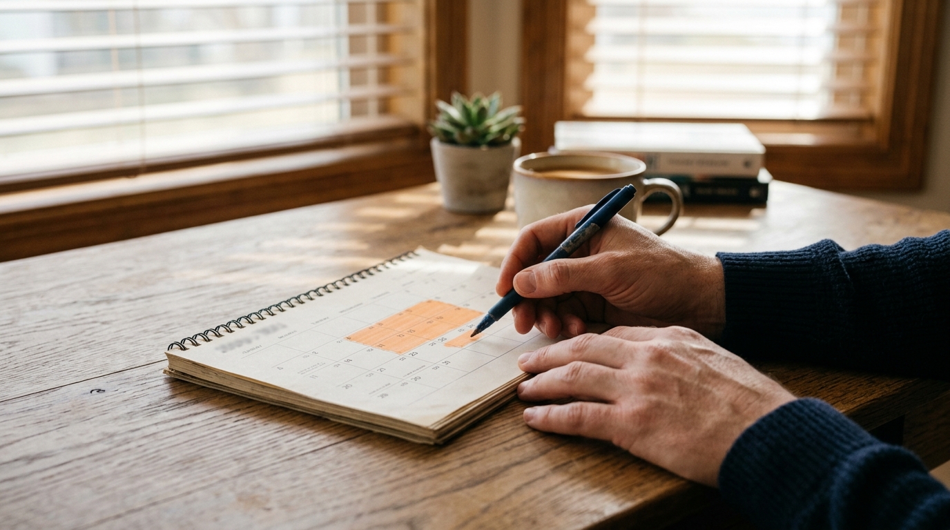 Una persona revisa fechas en un calendario de escritorio para la actualizacion de manual M-274.