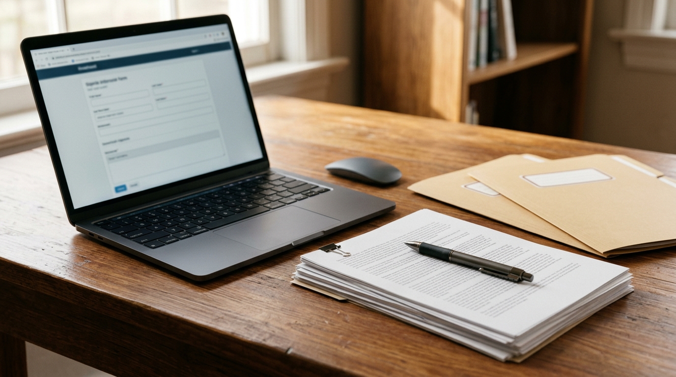 Escritorio con documentos y computadora para ilustrar el cambio en procesamiento de asilo.