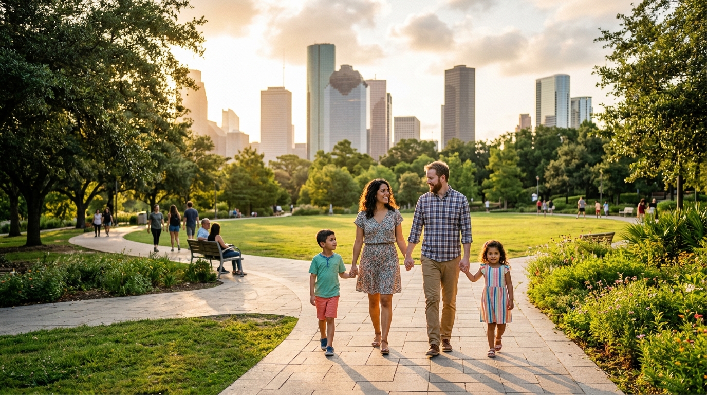 USCIS cambia regla para enviar casos de asilo a la corte 3 Una familia camina unida por un parque urbano soleado durante el atardecer.