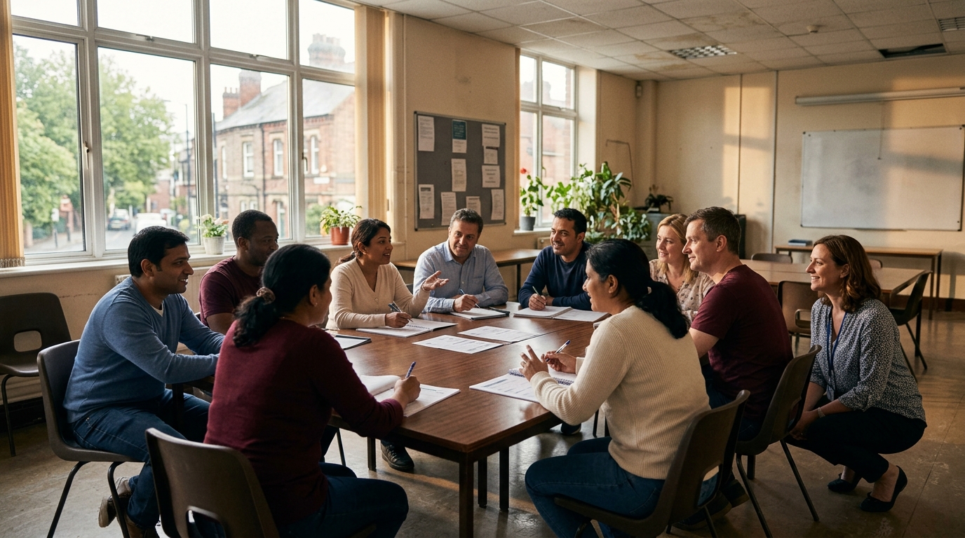 Estudiantes adultos participan en una clase de ingles dentro de un centro comunitario.