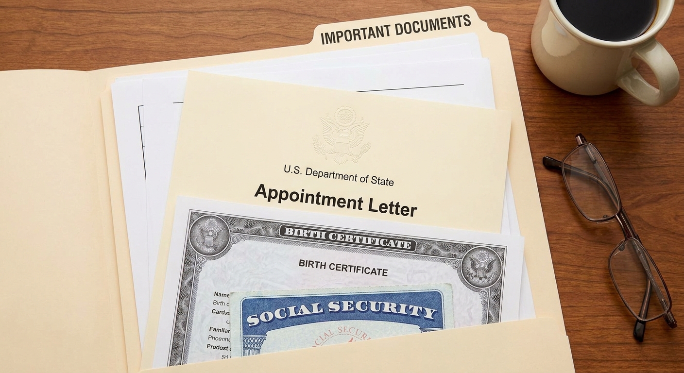Carpeta organizada con documentos civiles y carta oficial de cita consular para trámite migratorio.