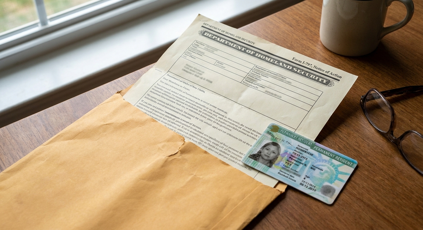 Carta oficial de aprobación y tarjeta de residencia sobre una mesa en un entorno doméstico.