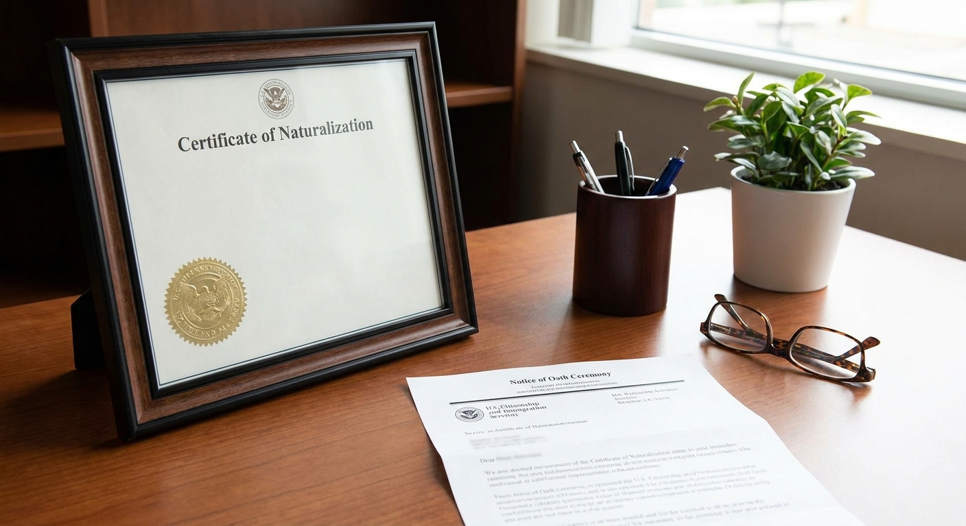 ¿Cuánto tarda la ciudadanía americana? 4 Certificado de naturalización oficial junto a notificación de juramento de lealtad en oficina de Texas.
