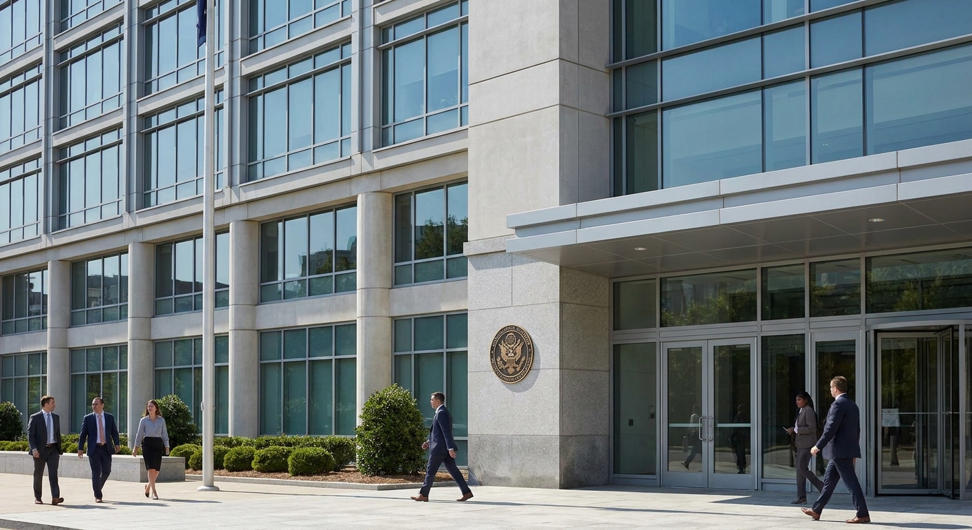 Fachada exterior de oficina federal de centro de asistencia en solicitudes para trámites legales.