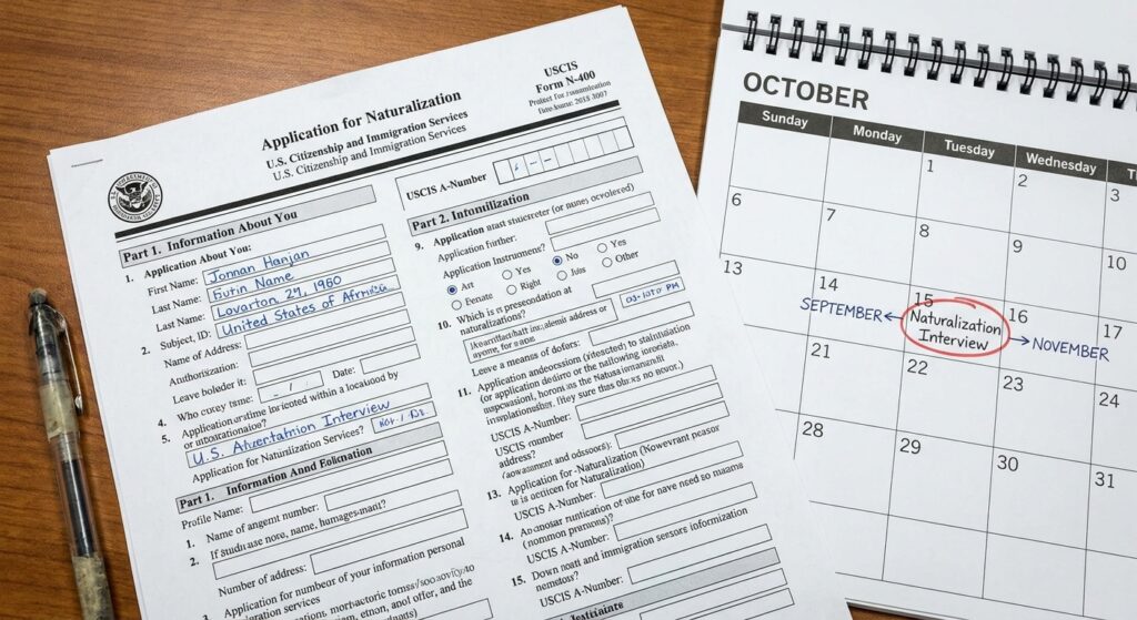 ¿Cuánto tarda la ciudadanía americana? 2 Formulario N-400 sobre escritorio con un calendario marcando los meses de espera para saber cuanto tarda la ciudadania americana.